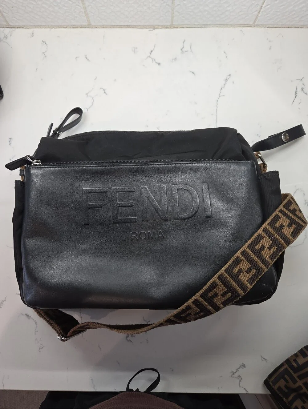 Authentic Fendi Roma Black Nylon & Leather Diaper Bag + Changing Pad & Tags